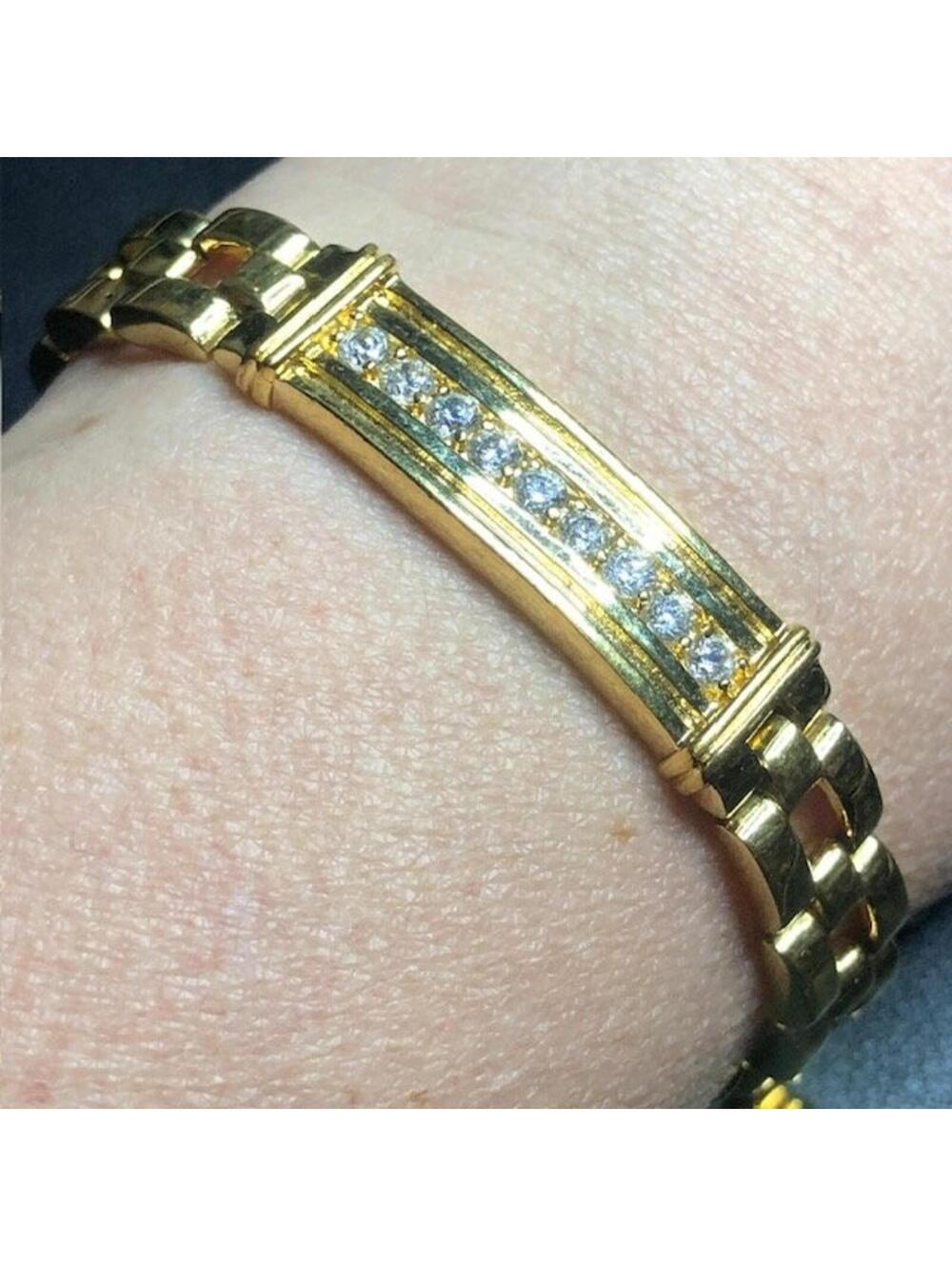 B2033 SETA Gold Tone Clear CZ Flexible Link Bracelet Hidden Clasp 7.75"